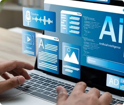 A person using a laptop with floating digital windows representing various AI tools like translation, image generation, and text prompts.