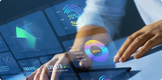 Hands interacting with a glowing, futuristic digital dashboard displaying various financial and performance charts.