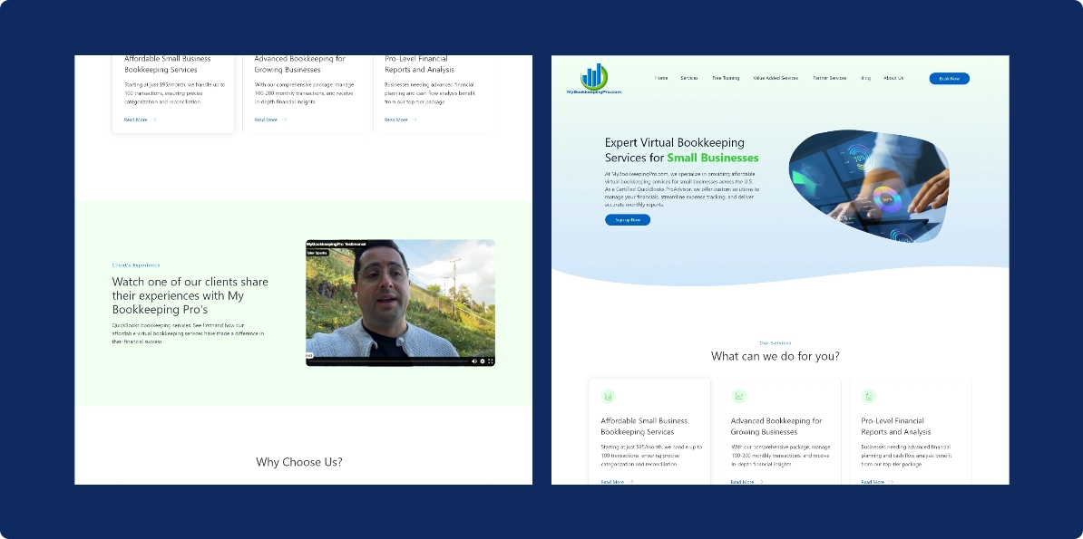 A digital showcase of a desktop website for "My Bookkeeping Pro’s," featuring bookkeeping services and a client testimonial video.
