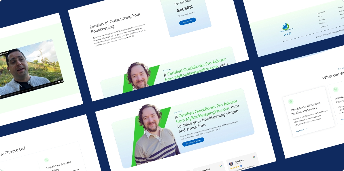 A grid-style digital showcase of various website sections for "My Bookkeeping Pro’s," featuring professional advisors and service benefits.