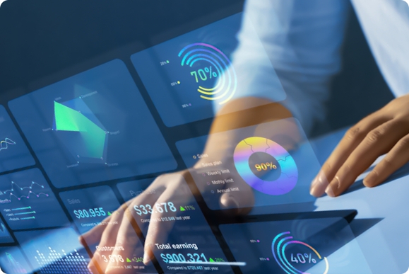 Hands interacting with a glowing, futuristic digital dashboard displaying various financial and performance charts.