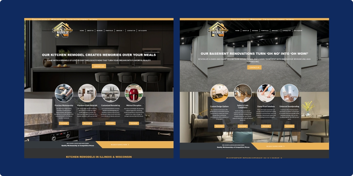 A digital showcase of website designs for "Smith Family NINE2," featuring kitchen remodeling and basement renovation services.