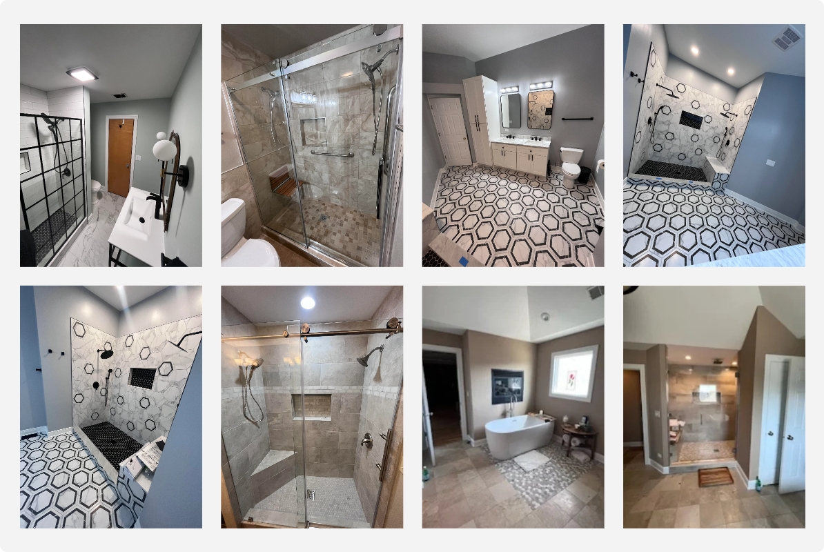 A grid of eight photos showcasing various modern bathroom renovations, including walk-in showers and stylish tile work.