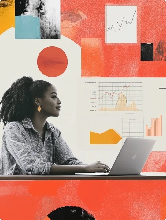 A creative collage featuring a woman using a laptop, overlaid with various financial charts and abstract orange and red textures.