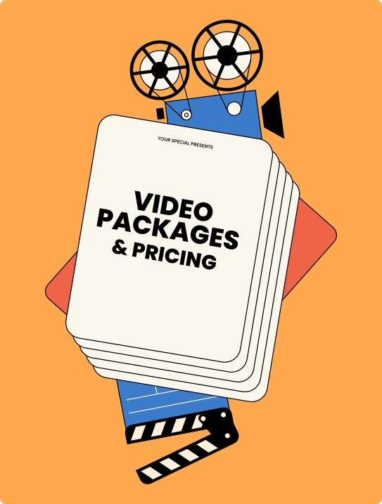 A stylized illustration of a vintage film camera and clapperboard behind a stack of cards labeled "VIDEO PACKAGES & PRICING."