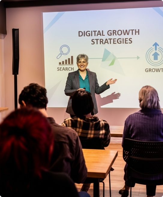A woman presenting a "Digital Growth Strategies" slideshow to an audience in a conference room.