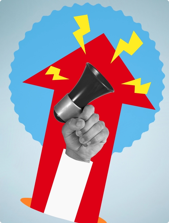 A stylized graphic of a hand holding a megaphone in front of a large red upward-pointing arrow and a blue serrated circle.
